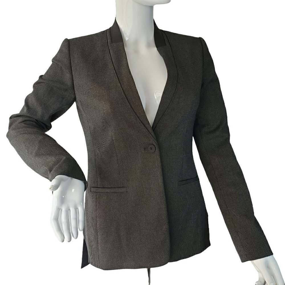 Elie Tahari Women 2 Gray Pin Dot Blazer Leather Collar Single Btn Cutaway Jacke